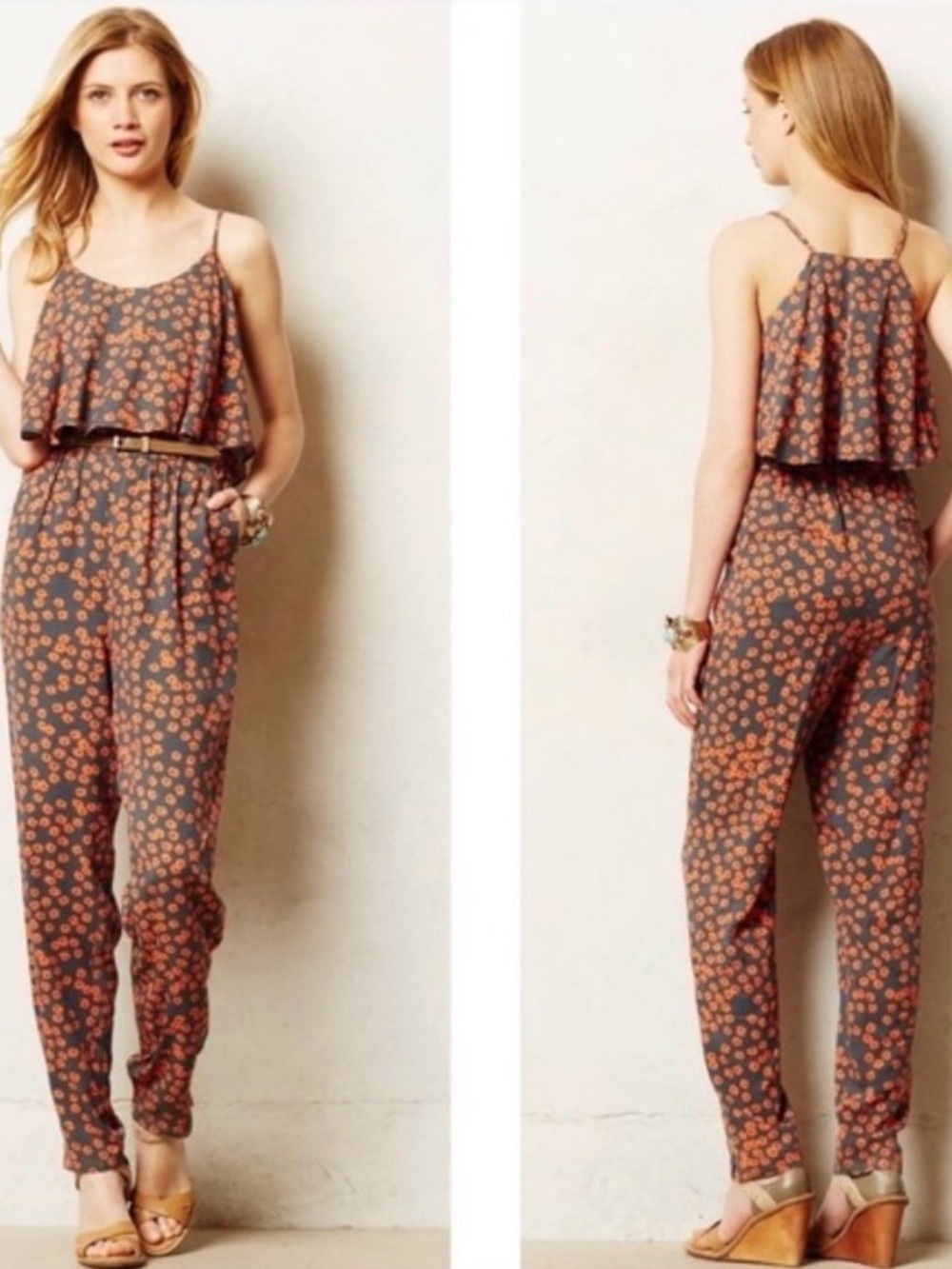 Anthropologie Gray Jumpsuit with Orange Floral Print